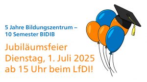 Jubiläumsfeier „5 Jahre Bildungszentrum, 10 Semester BIDIB“ am
Dienstag, 1. Juli 2025 von 15-19 Uhr in beim LfDI BW in der 
Lautenschlagerstraße 20 / 4. OG in 70173 Stuttgart. Der Eintritt ist frei.