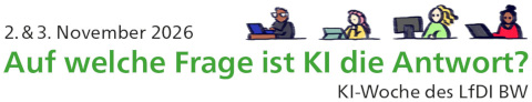Titel und Logo der KI-Woche 2026 des LfDI BW am 2. und 3. November 2026. Titel: